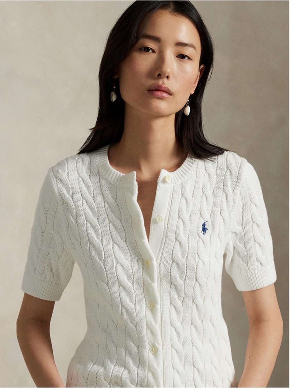 Ralph Lauren Cream Cable Knit Button Cardigan with Navy Logo